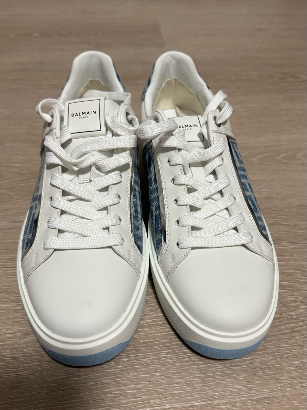 Balmain White Sneakers with Blue Patterned Side Panels